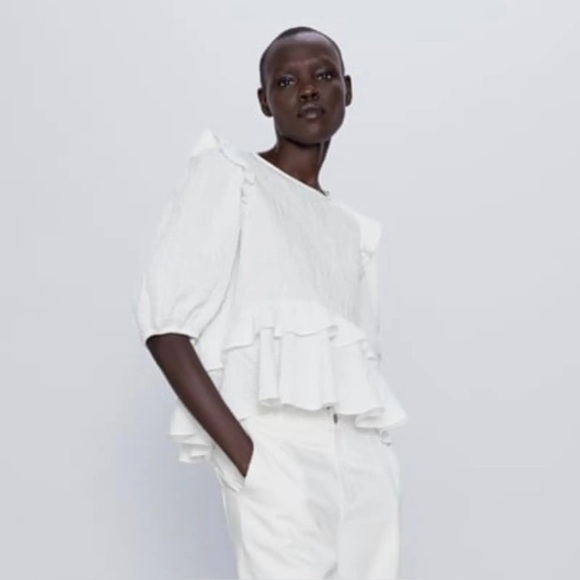 Zara Bracelet Sleeve Ruffle Peplum Top White - Picture 1 of 8
